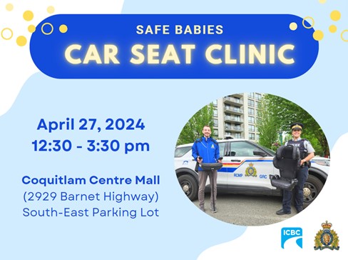 City of Coquitlam employee and RCMP officer holding car seats while standing in front of a marked police vehicle