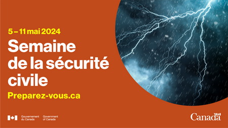 &Eacute;clairs dans le ciel nocturne. Texte: 5-11 mai 2024. Semaine de la s&eacute;curit&eacute; civile. Preparez-vous.ca