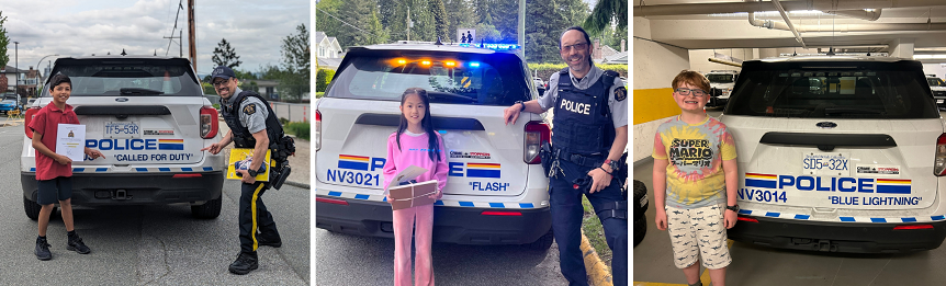Memebers of the North Vancouver RCMP Youth Support Team pose with the winners of the "Name our police car" contest. Pictured here are the cars with their new names.