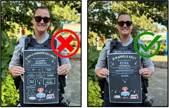   Deux photos c&ocirc;te &agrave; c&ocirc;te d'un policier tenant une pancarte noire en ardoise avec du texte soulignant l'importance de ne pas partager des informations personnelles sur vos enfants sur Internet.