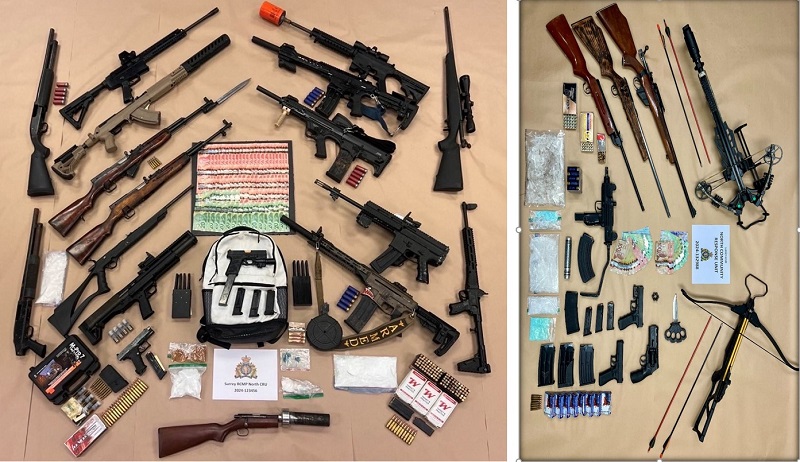 Photo 1 Photo depicts several firearms, ammunition, cash and drugs  Photo 2 Photo depicts several firearms, cross bow, cash, ammunition and knife.