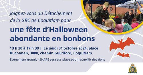 Affiche d&rsquo;invitation publique au party d&rsquo;Halloween de la GRC, le jeudi 31 octobre 2024 de 13 h 30 &agrave; 17 h 30. D&eacute;tachement de la GRC &agrave; Coquitlam &ndash; place Buchanan, 3000, ch. Guilford.