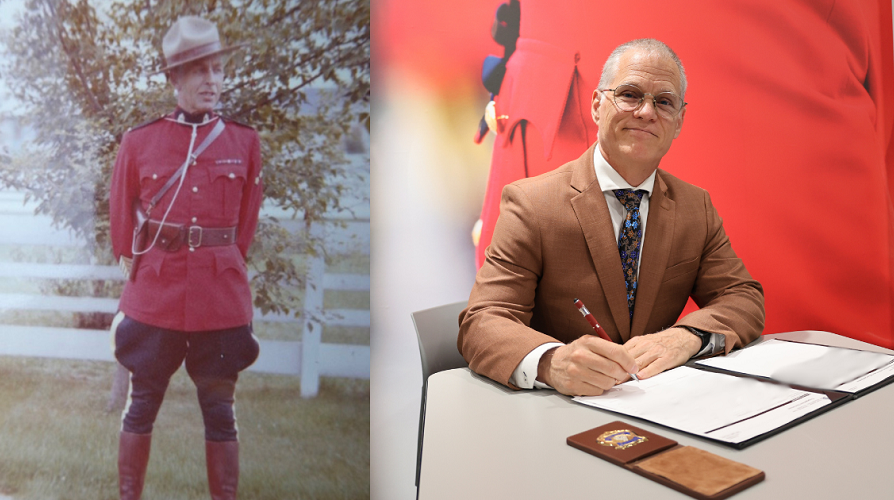 Photo of Ken Mead being sworn in and his grandfather S/Sgt. Parker in Red Serge