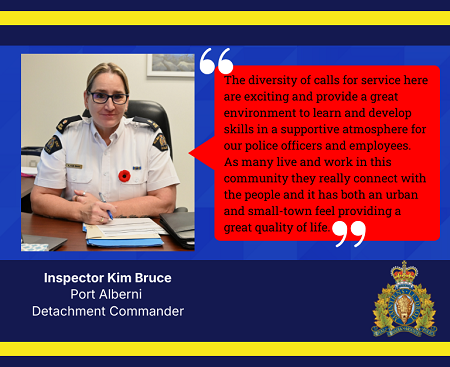 Quote card graphic with a photo of Inspector Kim Bruce and personalized quote.