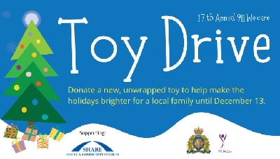 &ndash; 911 We Care Toy Drive poster. 17th Annual 911 We Care Toy Drive. Donate a new, unwrapped toy to help make the holidays brighter for a local family until December 13. Supporting Share Family and Community Services, RCMP, 911 We Care