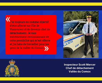 Carte graphique avec citation avec photo de l'inspecteur Mercer en uniforme debout &agrave; c&ocirc;t&eacute; d'une voiture de police.
