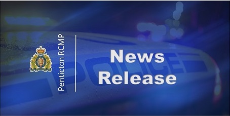 Blue image with a watermarked police car in the background. Text over the image reads: Penticton RCMP. News Release. Penticton RCMP seek witnesses in the assault of a 93-year-old woman as she disembarked from a local transit bus.