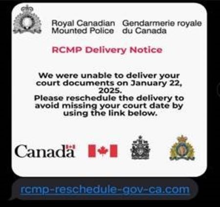 A screen shot of the text being received with includes the RCMP logo.