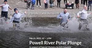 Police officers running into cold water at a beach. Feb 23, 2025, 12-1pm Powell River Polar Plunge in support of Special Olympics British Columbia