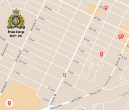 Map of Downtown Prince George from Edmonton Street to Dominion Street and from Twelfth Avenue to Third Avenue. The locations where the break-and-enters occurred are marked by red points: 1600-block of Fifteenth Avenue; 1400-block of Third Avenue; 1200-block of Fifth Avenue (two points); 1300-block of Seventh Avenue.   