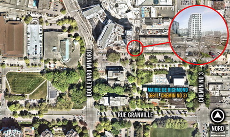 Carte avec un cercle rouge autour de l&rsquo;emplacement de la c&eacute;r&eacute;monie &agrave; l&rsquo;intersection de Cst. Jimmy Ng Road et de la place Cst. Jimmy Ng