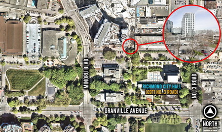 Map with a red circle around the location for the ceremony at Cst. Jimmy Ng Road and Cst. Jimmy Ng Place 