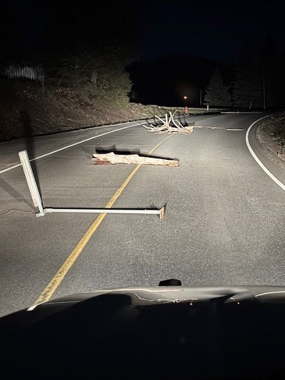 several obstacles placed on Bluebird Road and Walnut Avenue, in Fruitvale, BC.
