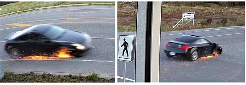 Photos of sparks shooting from car as it drives with missing wheel