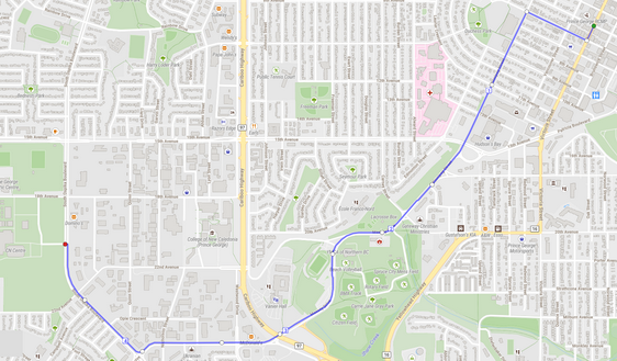 Map of the race route bordered by Ospika Boulevard, Victoria Street, Fifth Avenue and Massey Drive. The race route is marked in blue.