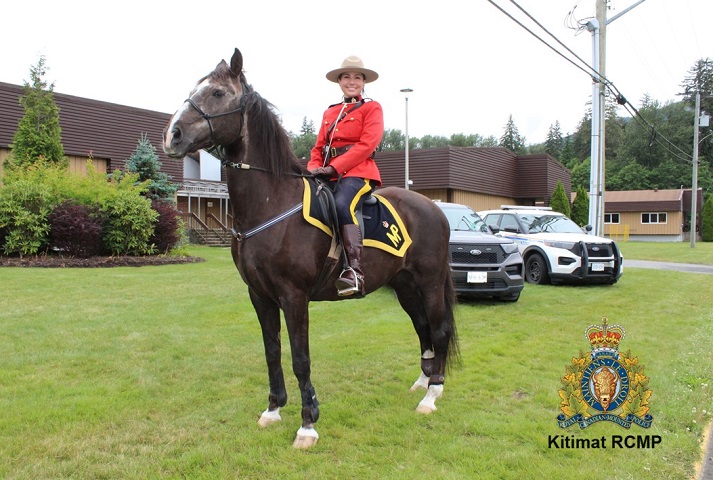 female mountie on horse back in front of two police cars