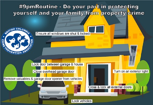 9pm Routine graphic with a yellow house. #9pmRoutine &ndash; Do your part in protecting yourself and your family from property crime.  Ensure all windows are shut & locked, Lock door between garage & house, close overhead garage door, remove valuables & garage door opener from vehicles, lock vehicles, close & lock all external doors, turn on all exterior lights.  British Columbia Crime Prevention Association.