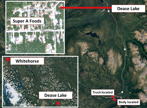 Map showing location of body and truck