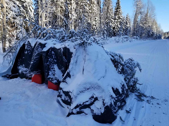 Photo of stack of tires with jugs of gasoline covered by tarps and trees