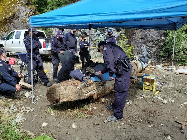Photo of individual on a log with his arm attached to a locking device inside the log