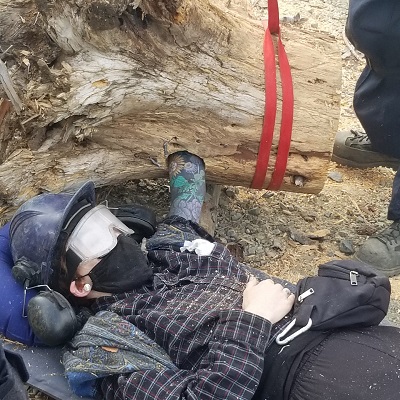Image of individual locked in a tree stump