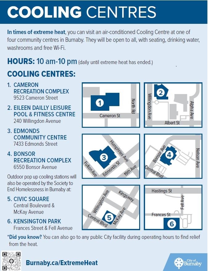 A flyer titled <q>Cooling Centres</q> and has the following information: In times of extreme heat, you can visit an air-conditioned Cooling Centre at one of four community centres in Burnaby. They will be open to all, with seating, drinking water, washrooms and free WI-FI. Hours: 10 am &ndash; 10 pm Cooling Centre: Cameral Recreation Centre &ndash; 9523 Cameron Street Eileen Dailly Leisure Pool & Fitness Centre &ndash; 240 Willingdon Avenue Edmonds Community Centre &ndash; 7433 Edmonds Street Bonsor Recreation Complex &ndash; 6550 Bonsor Avenue Outdoor pop up cooling stations will also be operated by the Society to End homelessness in Burnaby at: Civic Square &ndash; Central Boulevard & McKay Avenue Kensington Park &ndash; Frances Street & Fell Avenue Did you know? You can also go to any public City facility during operating hours to find relief from the heat. Burnaby.ca/ExtremeHeat City of Burnaby