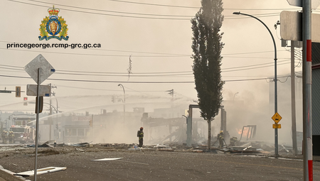 Photo of the building where the explosion took place, with fire crews on scene.