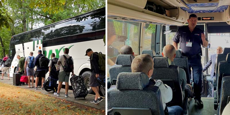 Collage of two image, Image 1 - Police officers in uniform and civilian clothes line up beside a white bus with their suitcases and equipment, on their way to the wildfires.  Image 2 - A senior officer in a blue uniform stands at the front of the bus and speaks with officers, who are seated, prior to deployment to the wildfires.