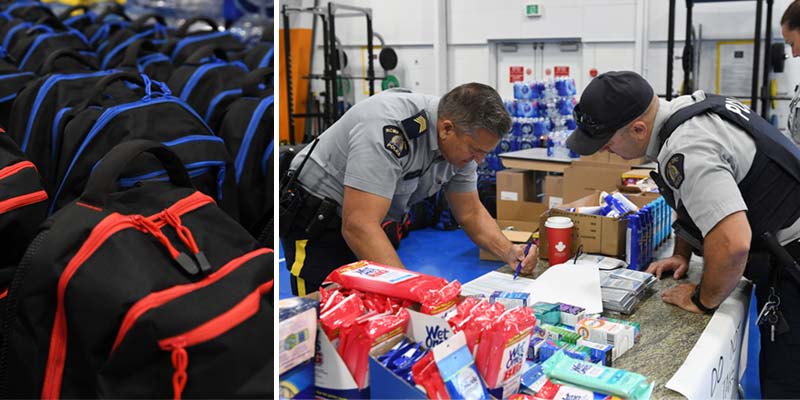 Collage - Table of <q>go-kist</q> full of snacks, water and toiletries, Supplies of masks and toiletries on table.