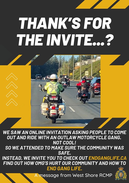 Photo of RCMP following behind an Outlaw Motorcycle Gang out for a ride on the highway. 