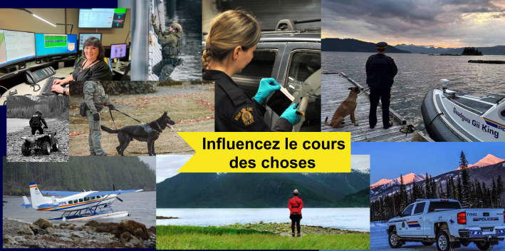 Collage de photos de diff&eacute;rents m&eacute;tiers de la police avec le texte Influencez le cours des choses 