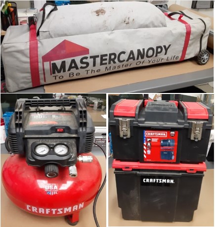 montage of canopy, air compressor, tool box