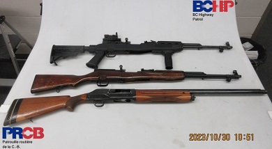 Un fusil de chasse et deux carabines sont pr&eacute;sent&eacute;s sur un fond blanc