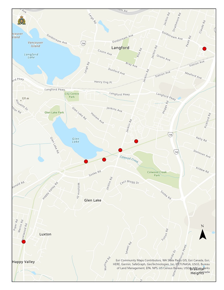 Map of Langford with several red dots along the Galloping Goose trail signifying offence locations