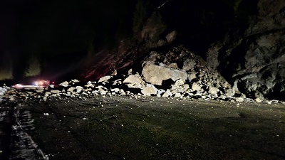 Winter rock slide blocks Highway 3B