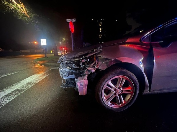 Close up of front end damage to suspect vehicle